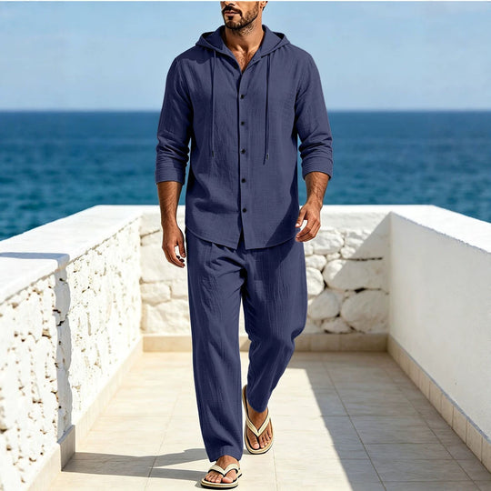 Herren Atmungsaktives Baumwoll-Gauze Loungewear-Set mit Kapuzenhemd und weiten Sommerhosen Shop Nory