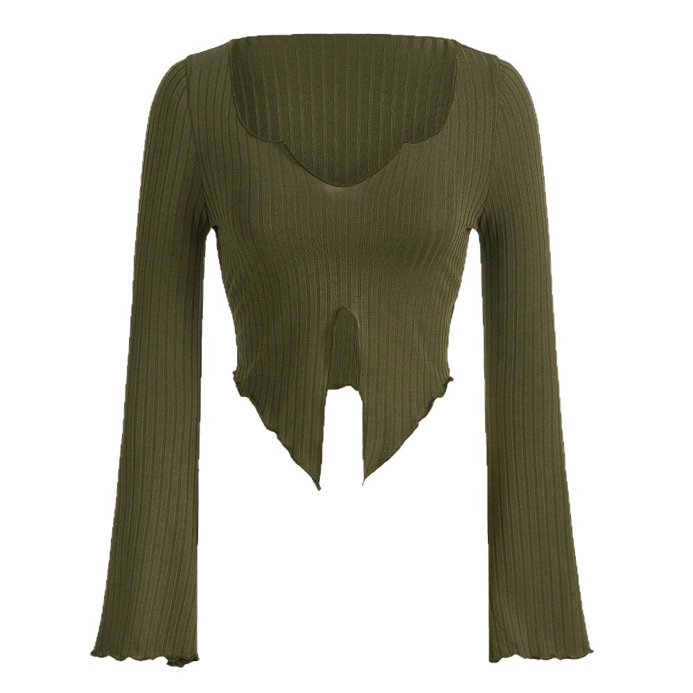Damen fein geripptes Cropped-Longsleeve mit asymmetrischem Wellensaum und Cut-Out Shop Nory