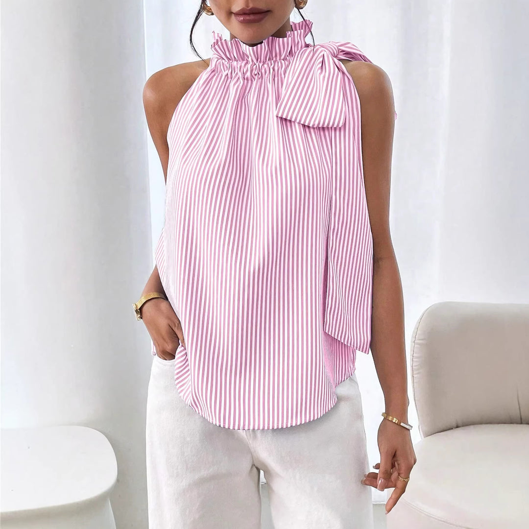 Damen Ärmellose Crêpe-Bluse mit gerafftem Stehkragen und Schulter-Schleife Shop Nory