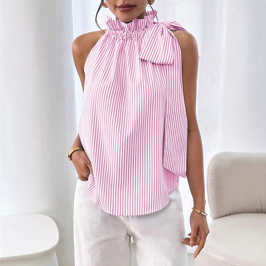 Damen Ärmellose Crêpe-Bluse mit gerafftem Stehkragen und Schulter-Schleife Shop Nory