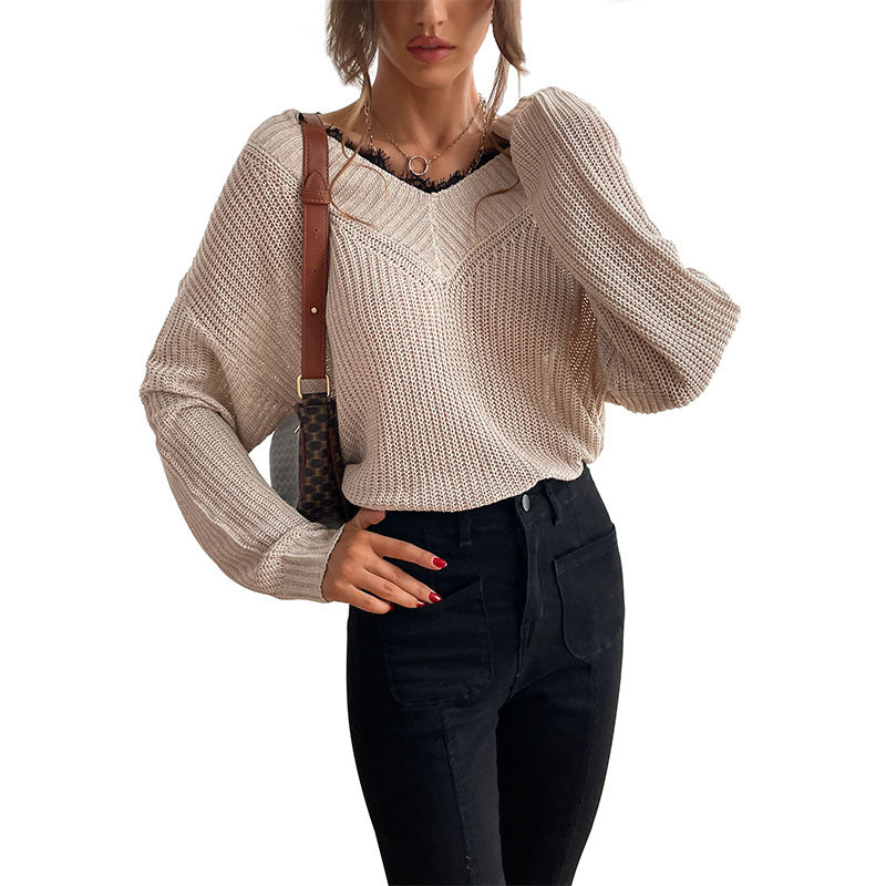 Damen Oversize V-Ausschnitt Strukturstrick-Pullover mit überschnittener Schulter und lockerer Silhouette Shop Nory