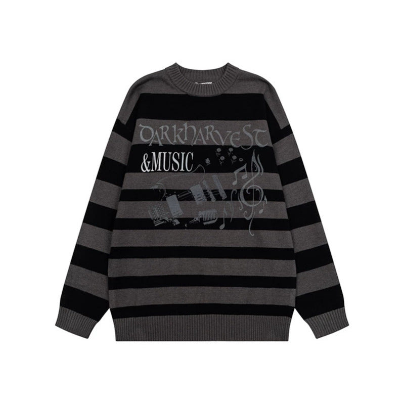 Damen Gestreifter Oversize-Strickpullover mit Rundhals und Musik-Grafik Shop Nory