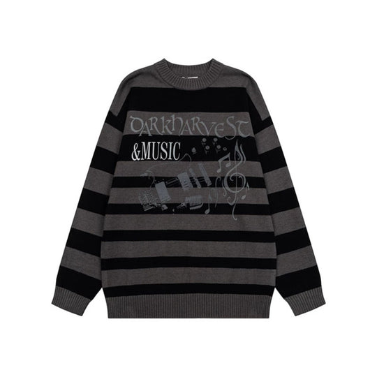 Damen Gestreifter Oversize-Strickpullover mit Rundhals und Musik-Grafik Shop Nory