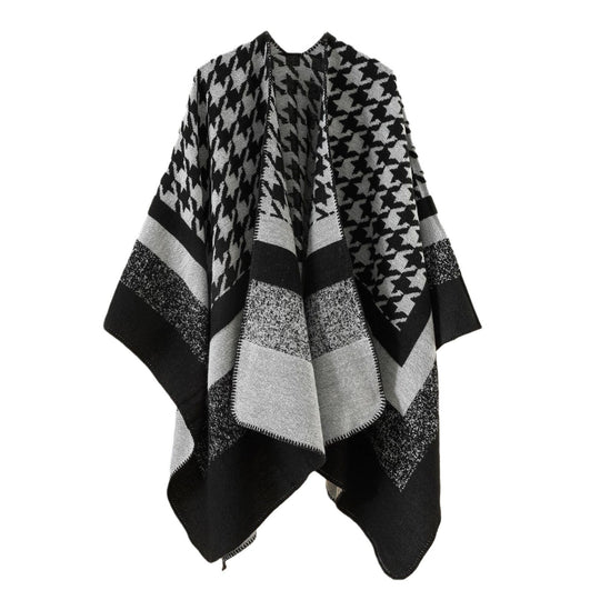 Damen Oversize‑Ruana‑Poncho aus Wollmix mit Hahnentritt- und Blockjacquard Shop Nory
