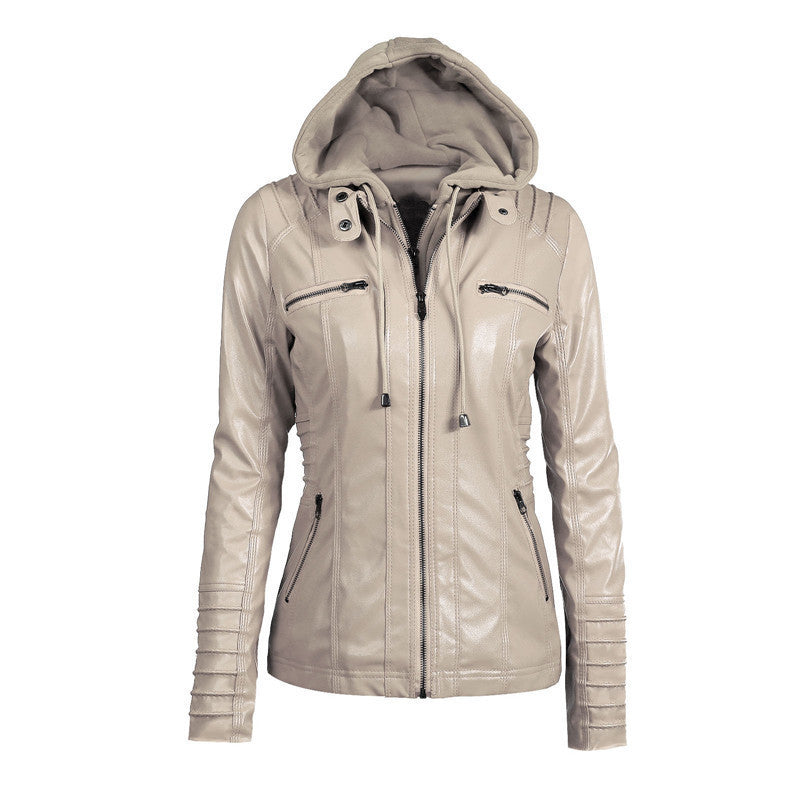 Damen Slim-Fit Kunstlederjacke mit Kapuze, Steppärmeln und Reißverschlusstaschen Shop Nory