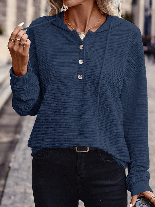 Damen Lässiges strukturiertes Kapuzen-Henley-Shirt mit Knopfleiste und Oversize-Schnitt Shop Nory