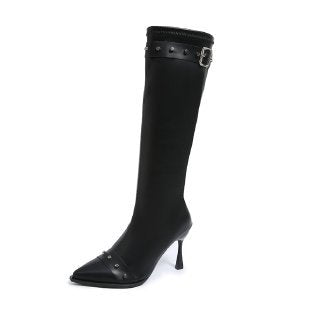 Damen Kniehohe Stiefel mit spitzer Zehenpartie, skulpturellem Stilettoabsatz und Zierriemen Shop Nory