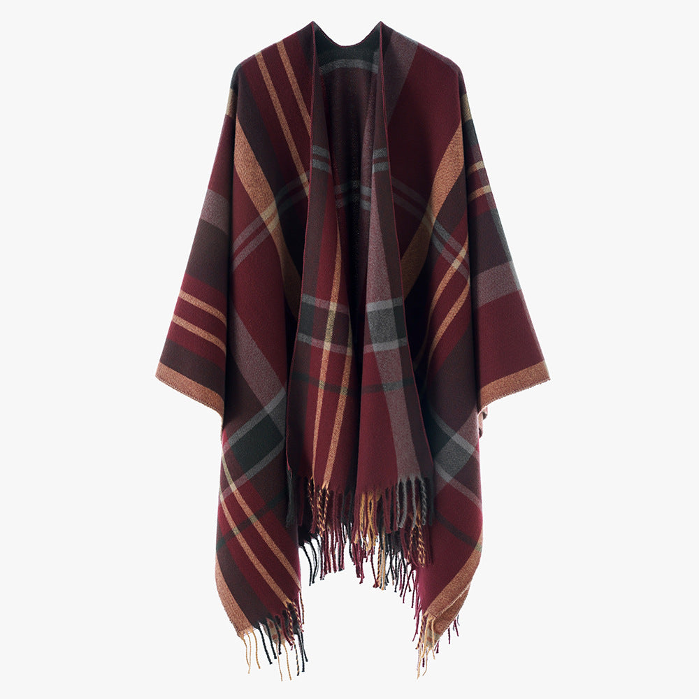 Damen Oversize Karierter Fransen-Poncho aus weichem Strick Shop Nory