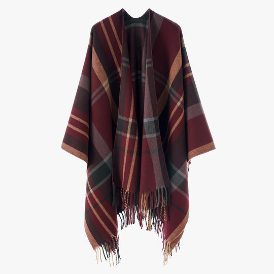 Damen Oversize Karierter Fransen-Poncho aus weichem Strick Shop Nory