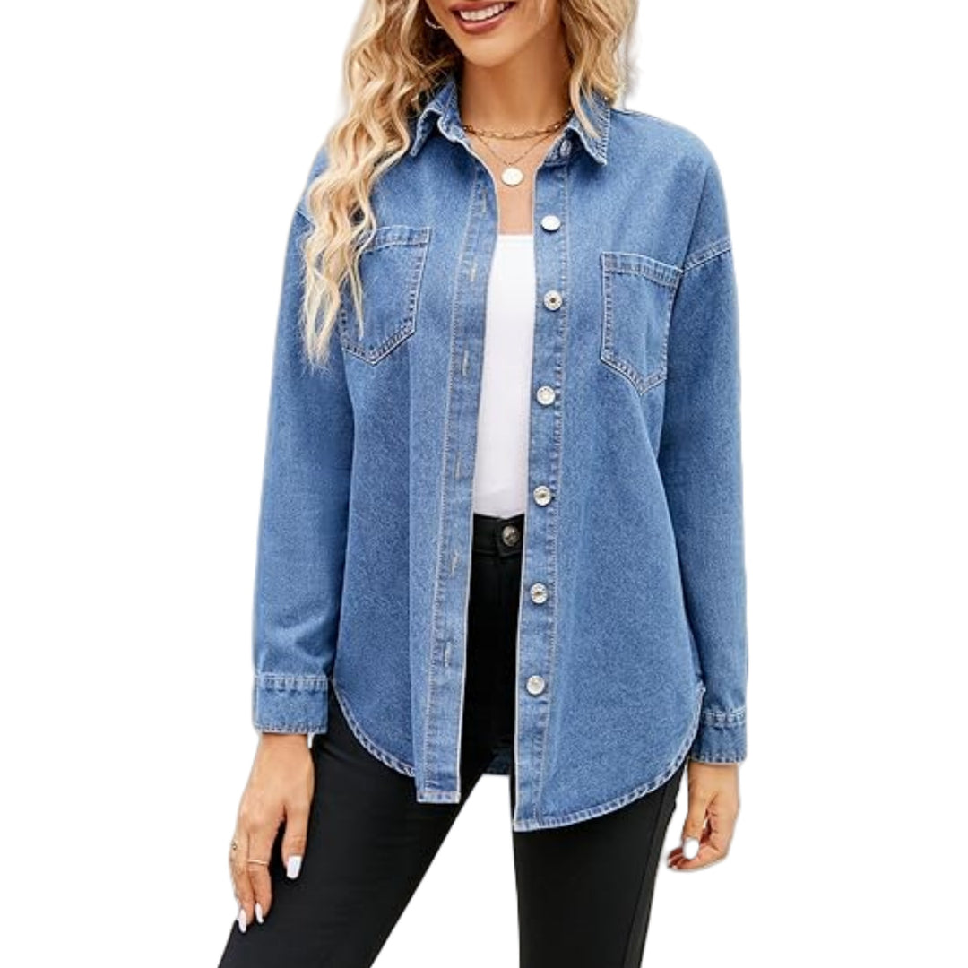 Damen Oversize-Denimhemd mit Knopfleiste und Brusttaschen Shop Nory
