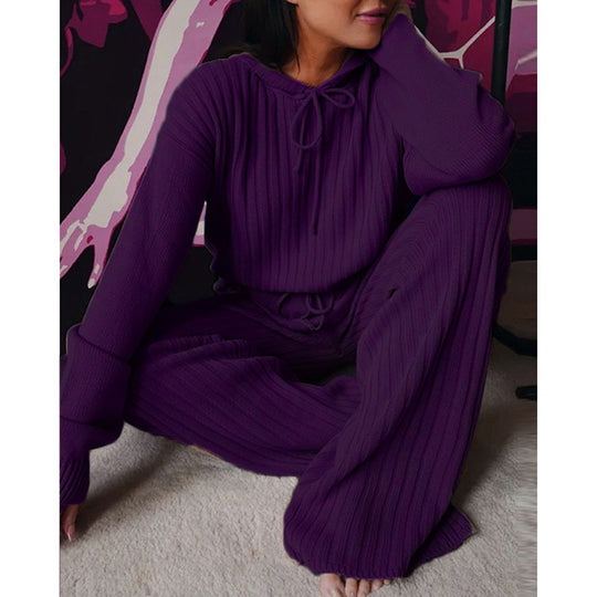 Damen Geripptes Strick-Loungewear-Set mit Kapuzenpullover und weiter Kordelzughose Shop Nory