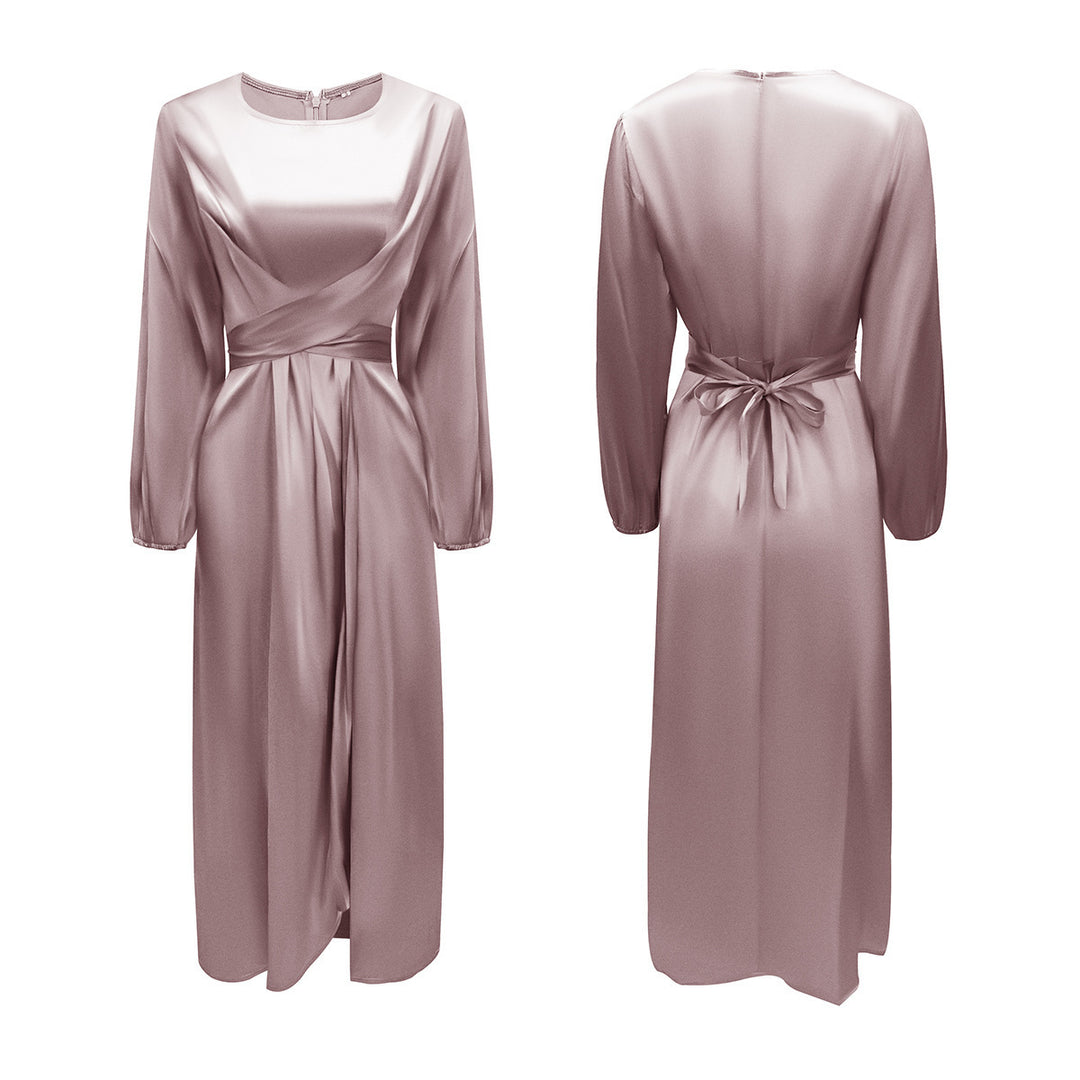 Damen Elegantes Maxikleid aus Satin mit Wickel-Detail, Langarm und Taillenband Shop Nory