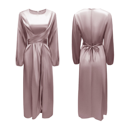 Damen Elegantes Maxikleid aus Satin mit Wickel-Detail, Langarm und Taillenband Shop Nory