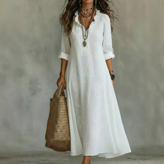 Damen Langes Boho-Maxikleid mit Blumenstickerei und V‑Ausschnitt Shop Nory