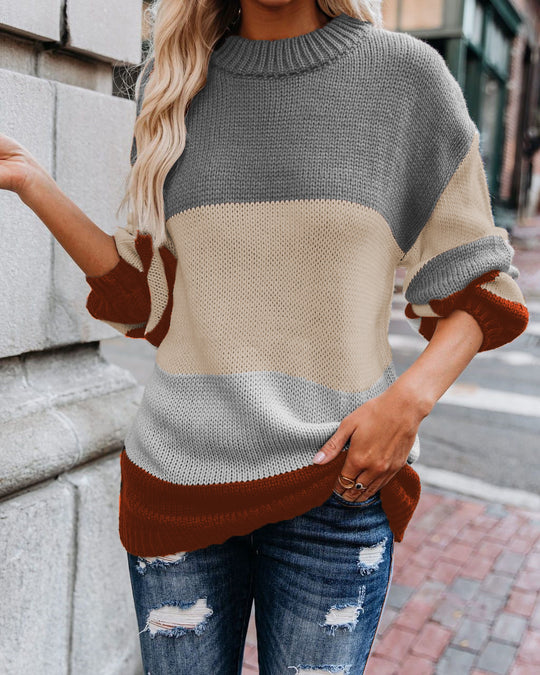 Damen Grobstrick Farbblockpullover mit hohem Rippenkragen und Oversize‑Passform Shop Nory