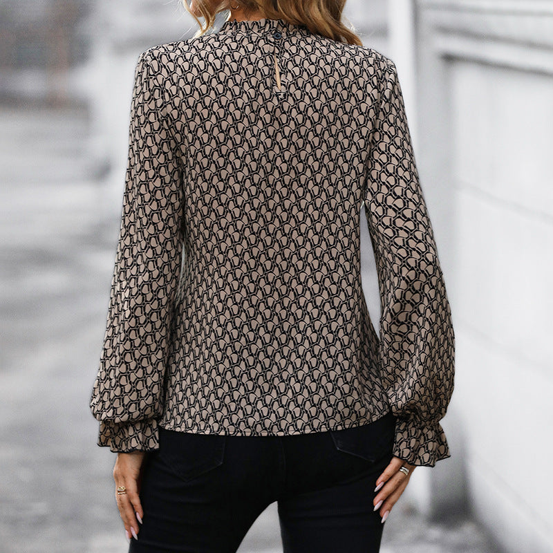 Damen Tailliertes Langarm-Blusenoberteil mit Stehkragen, Taillenbindegürtel und Volantdetails Shop Nory
