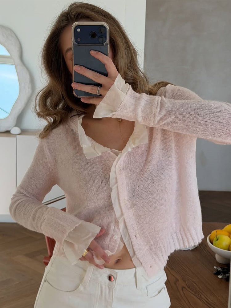Damen Leichte Kurzgeschnittene Mohair‑Optik Strickjacke mit V‑Ausschnitt und Knopfleiste Shop Nory