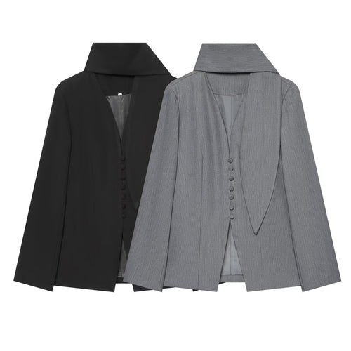 Damen Eleganter Longline-Blazer mit hohem Funnelkragen und überziehbaren Stoffknöpfen Shop Nory