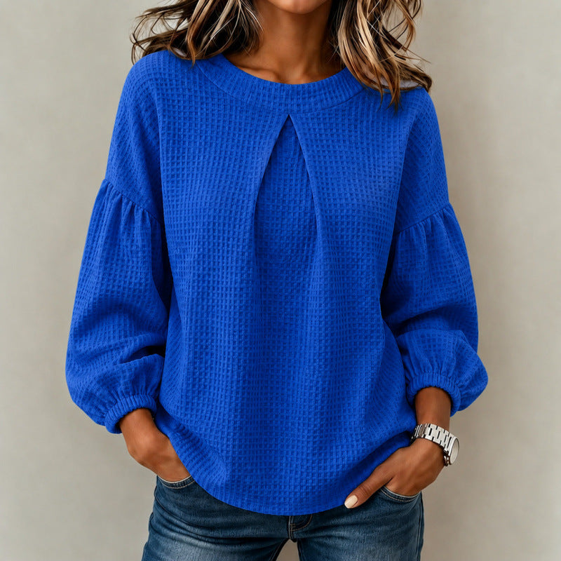 Damen Lockeres Waffelstrick-Sweatshirt mit Vorderfalte und Ballonärmeln Shop Nory
