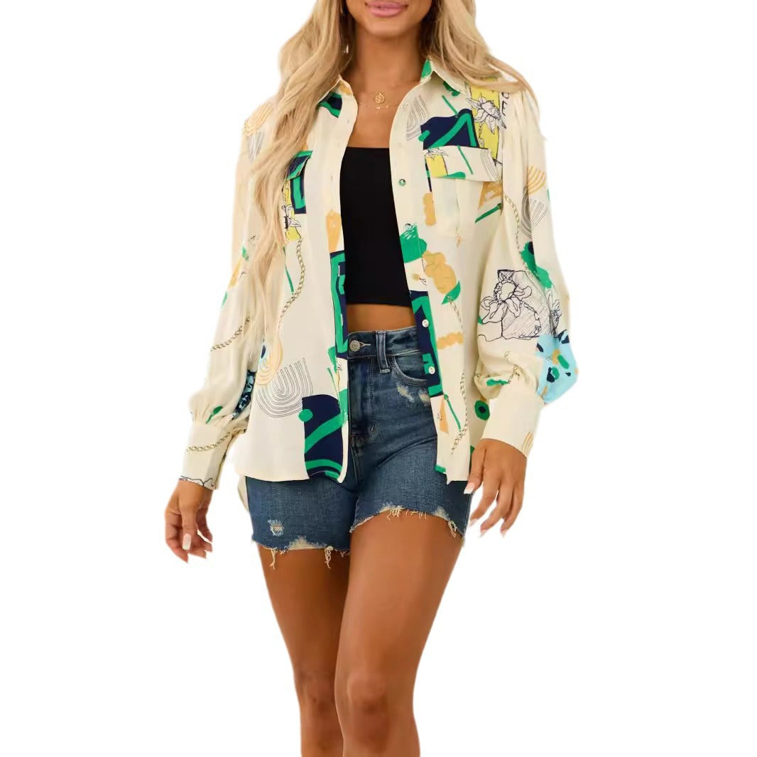 Damen Oversized-Hemdbluse mit grafischem Allover-Print, Brusttaschen und Ballonärmeln Shop Nory