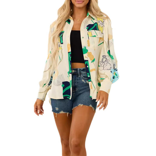 Damen Oversized-Hemdbluse mit grafischem Allover-Print, Brusttaschen und Ballonärmeln Shop Nory