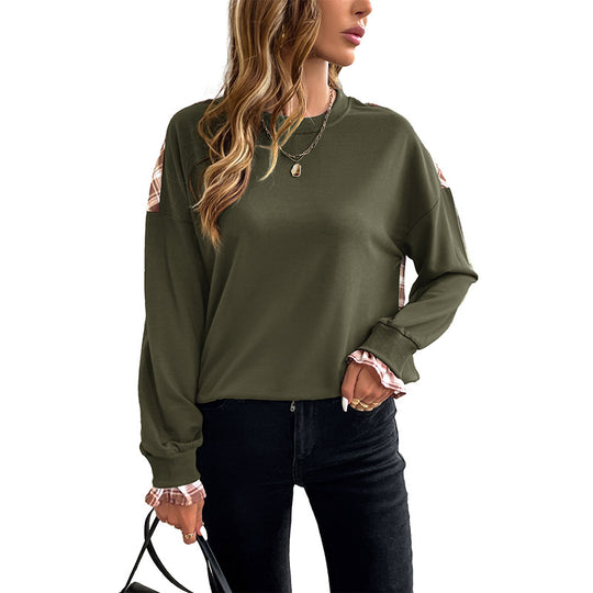 Damen Lässiges Rundhals-Sweatshirt mit Karomuster‑Einsätzen und gerafften Manschetten Shop Nory