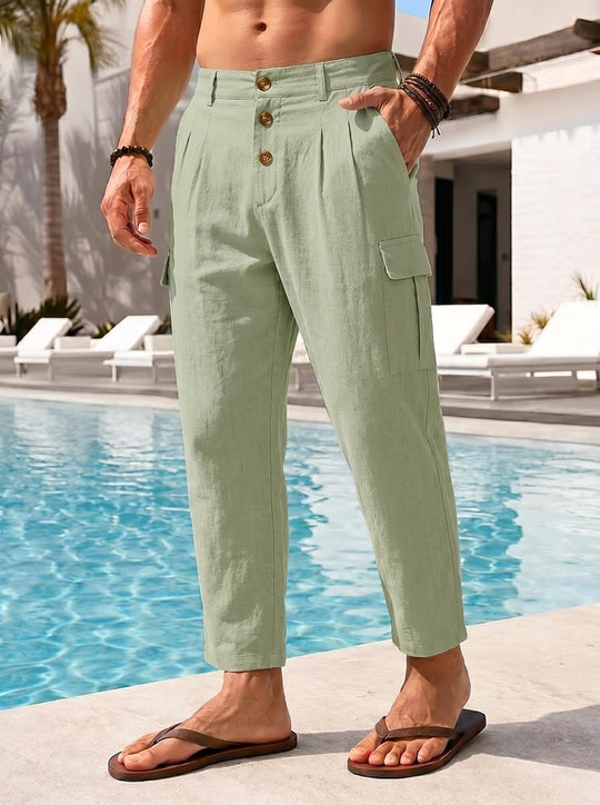 Herren lässige Leinen-Cargo-Chino mit Knopfleiste, Bundfalten und gekürzter Knöchellänge Shop Nory