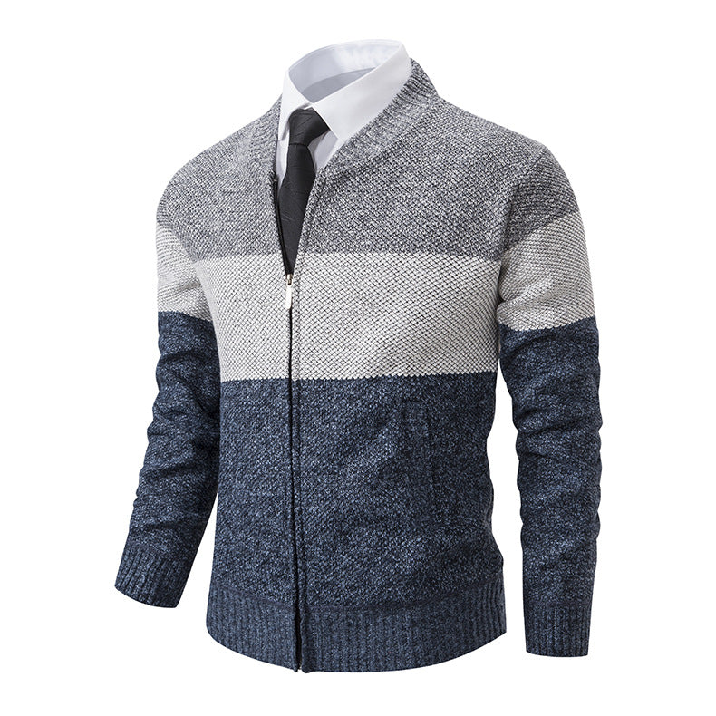 Herren Strukturierte Blockstreifen‑Strickjacke mit Frontzip, Stehkragen und Eingrifftaschen Shop Nory