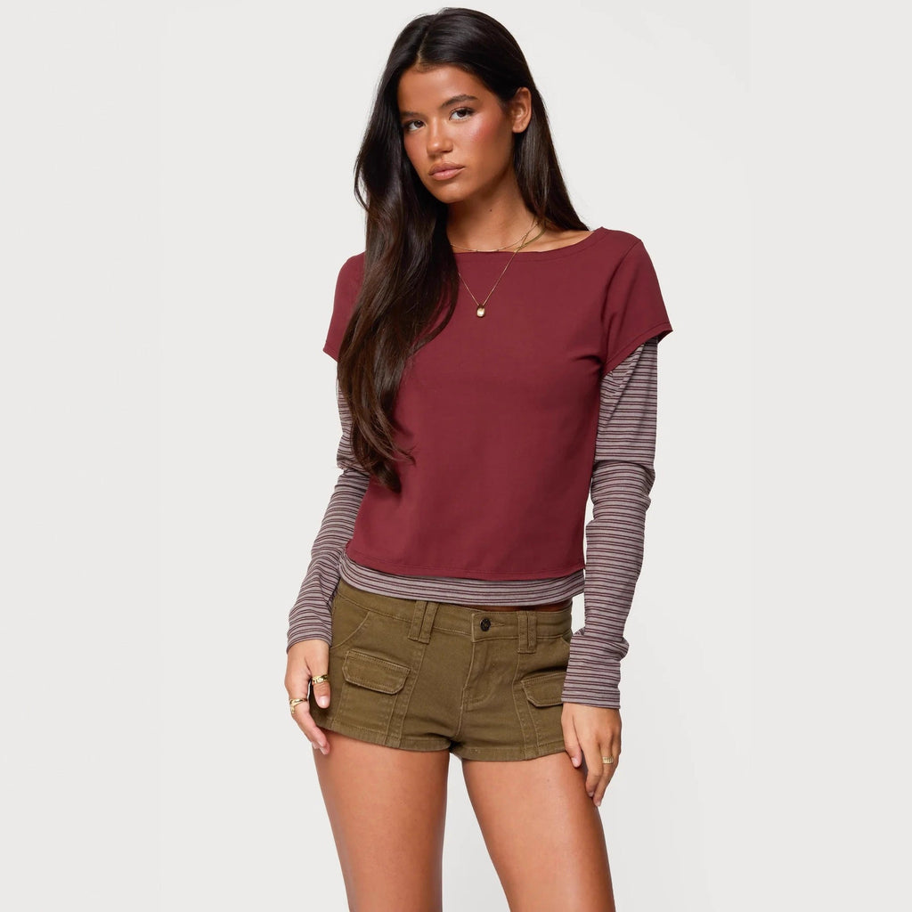 Damen modisches Langarmshirt mit einzigartigen Streifen und kurzem Schnitt Shopnory