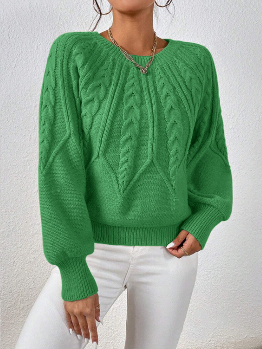 Damen nan kurzer Zopfmuster-Strickpullover mit Ballonärmeln und geripptem Saum Shop Nory