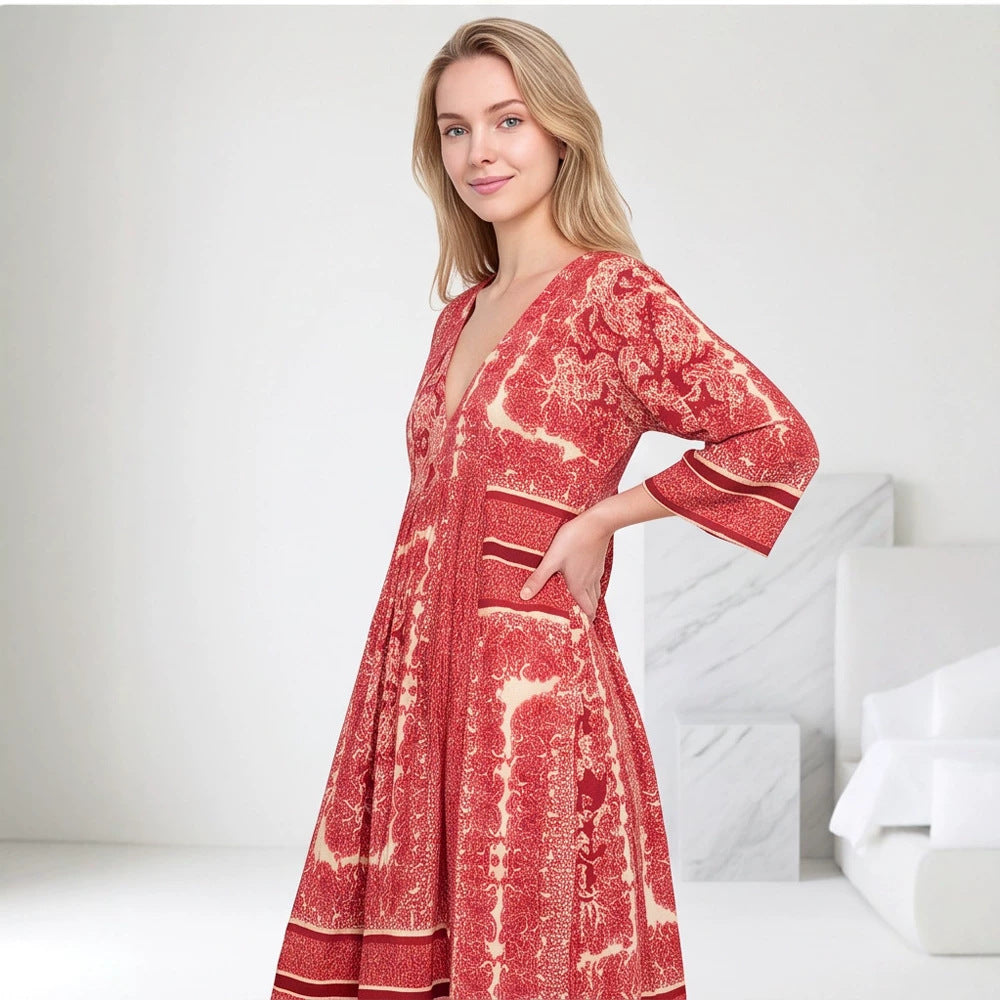 Damen V-Ausschnitt Midikleid mit dreiviertel Ärmeln, Eingrifftaschen & ausgestellter A‑Linien‑Silhouette Shop Nory