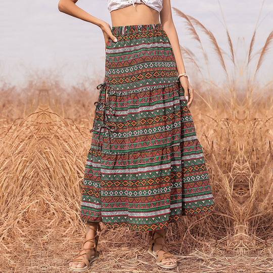 Damen Maxi-Stufenrock mit elastischem Taillenbund, seitlichen Knotendetails und Ethno-Print Shop Nory