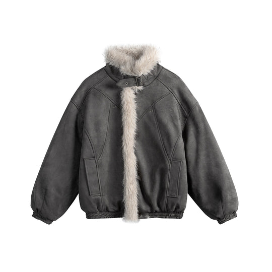 Damen Kurz geschnittene Velours‑Imitat Bomberjacke mit Teddybesatz und verstellbarem Halsriemen Shop Nory