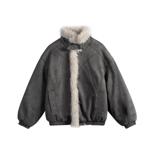 Damen Kurz geschnittene Velours‑Imitat Bomberjacke mit Teddybesatz und verstellbarem Halsriemen Shop Nory