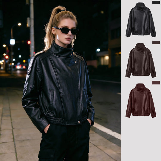 Damen Oversize-Kunstlederjacke mit hohem Stehkragen und asymmetrischer Blende Shop Nory
