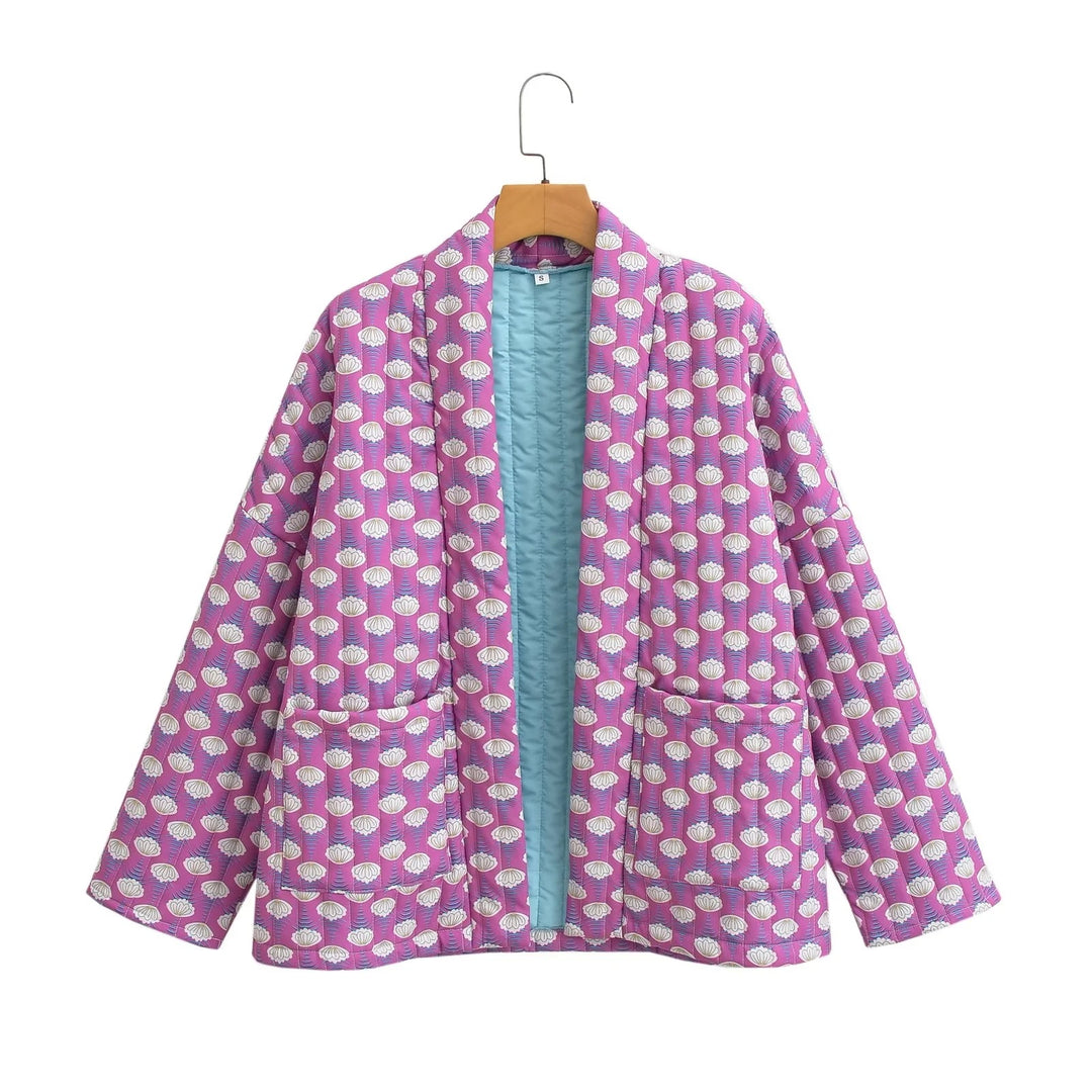 Damen Gemusterte Kimono-Steppjacke mit offener Front und aufgesetzten Taschen Shop Nory