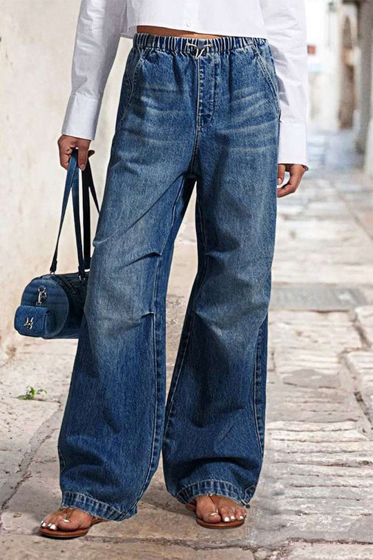 Damen Weite Denim-Hose mit elastischem Bund und hohen Taschen