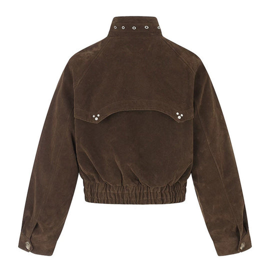 Damen kurze Wildleder‑Bomberjacke mit hohem Stehkragen und metallischen Details Shop Nory