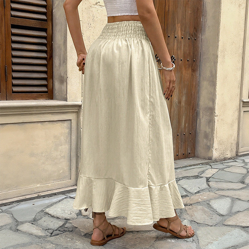 Damen Sommerlicher Maxirock mit Smockbund, durchgehender Knopfleiste, Seitenschlitz und Volant Shop Nory