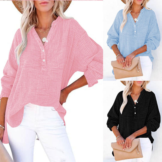 Damen Oversize Texturierte Baumwollbluse mit Henley-Knopfleiste Shop Nory