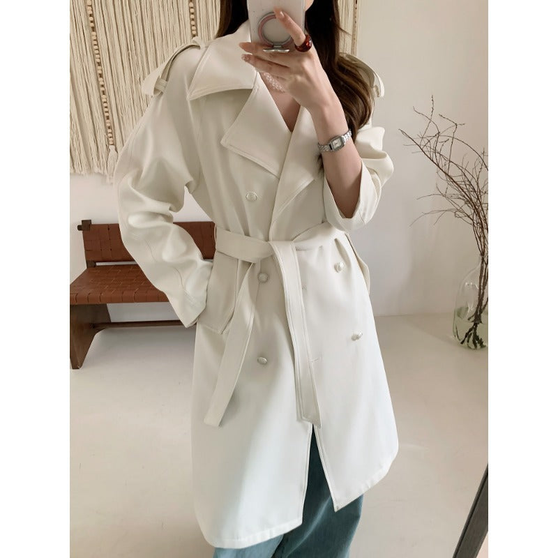 Damen Midilanger Trenchcoat mit Oversize-Schultern und Perlmuttknöpfen Shop Nory