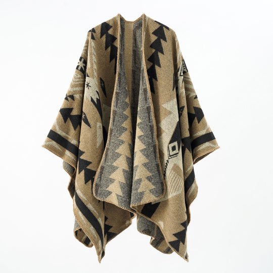 Damen Wollmix-Umhang mit grafischem Ethno‑Muster und Zierkettelnaht Shop Nory