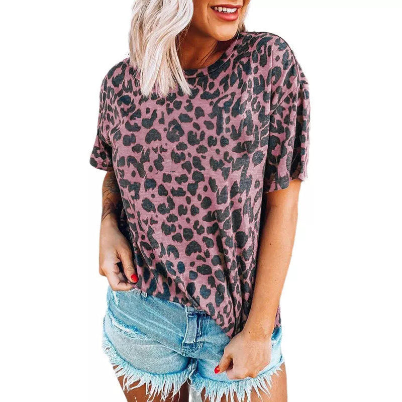 Damen lässiges Leoprint T-Shirt mit weichem Stoff und lockerer Passform