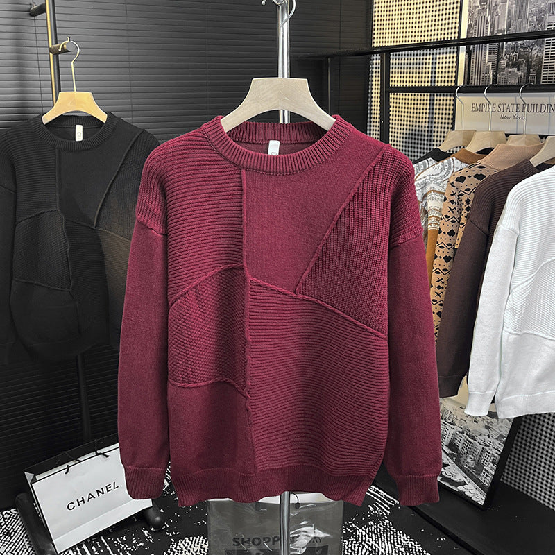 Herren Strukturierter Patchwork-Strickpullover mit Rundhals und gerippten Einsätzen Shop Nory