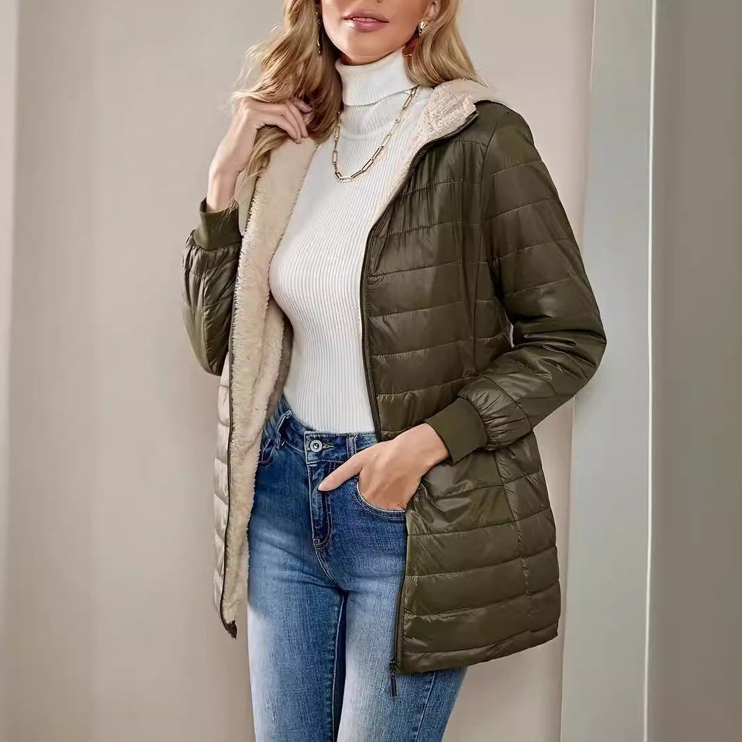 Damen Langer Steppmantel mit Teddyfutter und Kapuze Shop Nory