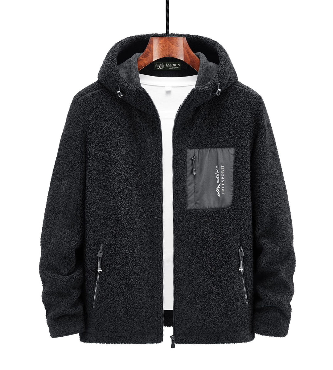 Herren Teddyfleece Kapuzenjacke mit Nylon-Brusttasche und Zwei‑Wege‑Reißverschluss Shop Nory