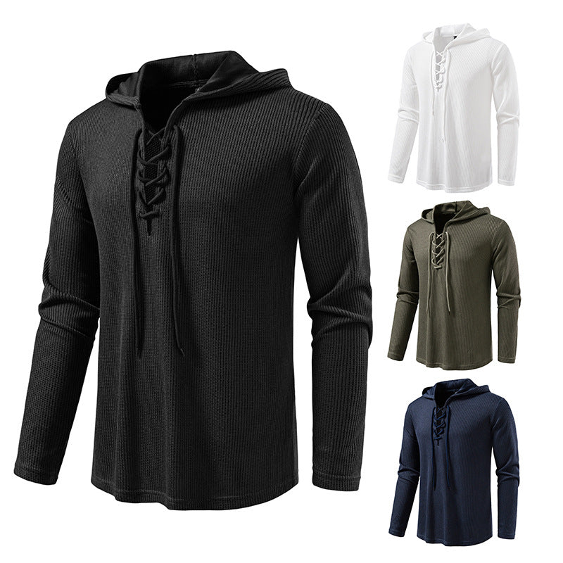 Herren Waffelstrick-Kapuzenpullover mit Schnürkragen und geradem Saum Shop Nory