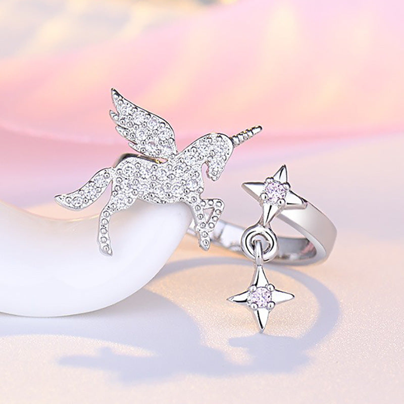 Damen offener Ring mit einzigartigem Einhorn-Design und funkelnden Sternen Shop Nory
