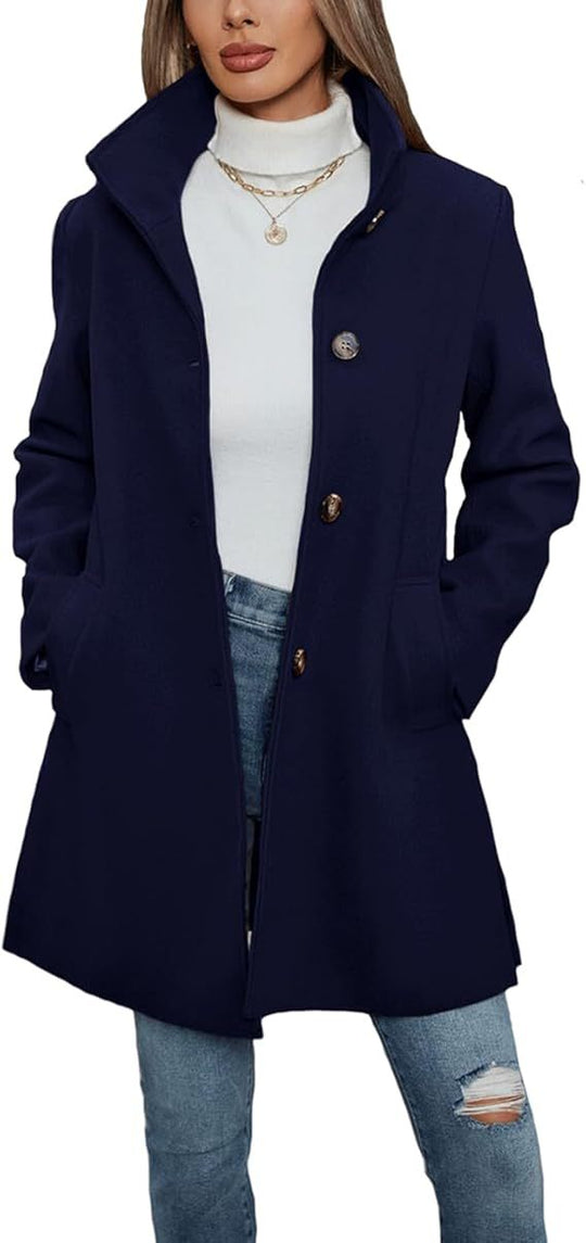 Damen Eleganter Wollmantel mit Hochgeschlossenem Kragen und Praktischen Taschen