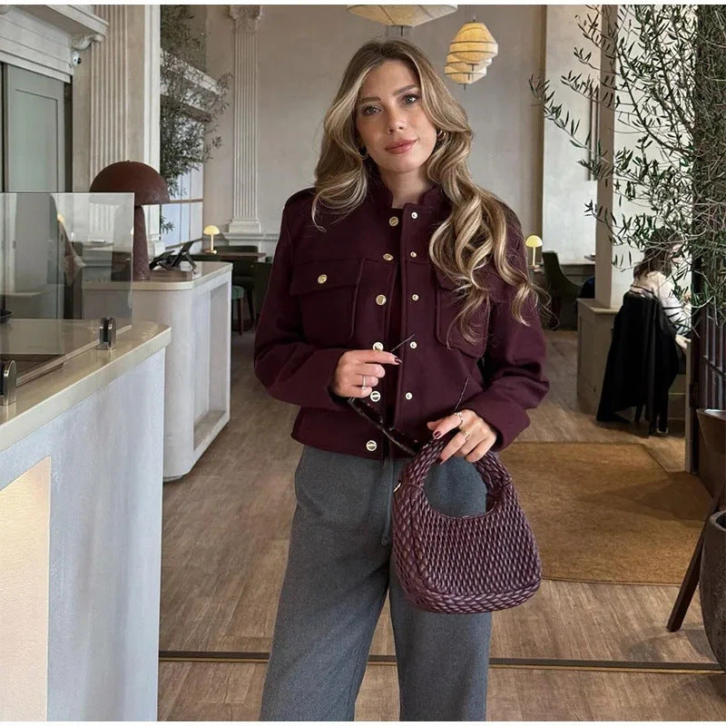 Damen Modische Cropped Jacke mit Taschen